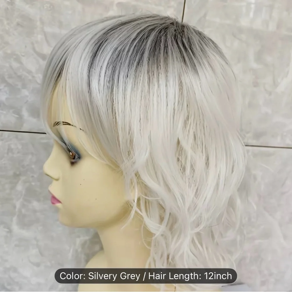 Silvery Grey Platinum Blonde Curly Women's 12” Wig with Bangs - Picture 3 of 16